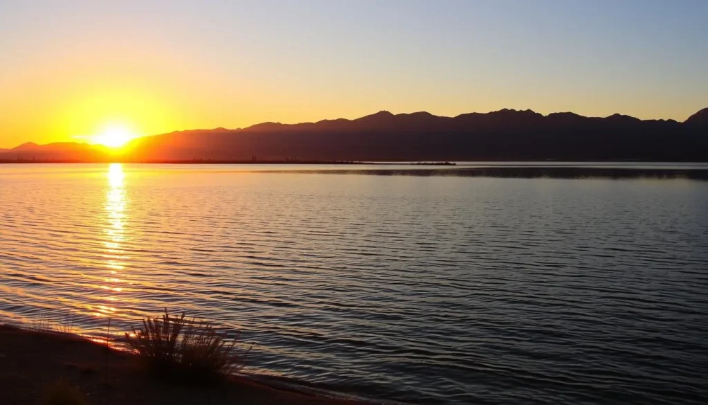 Sunset over Theodore Roosevelt Lake with golden light reflecting on the water surface