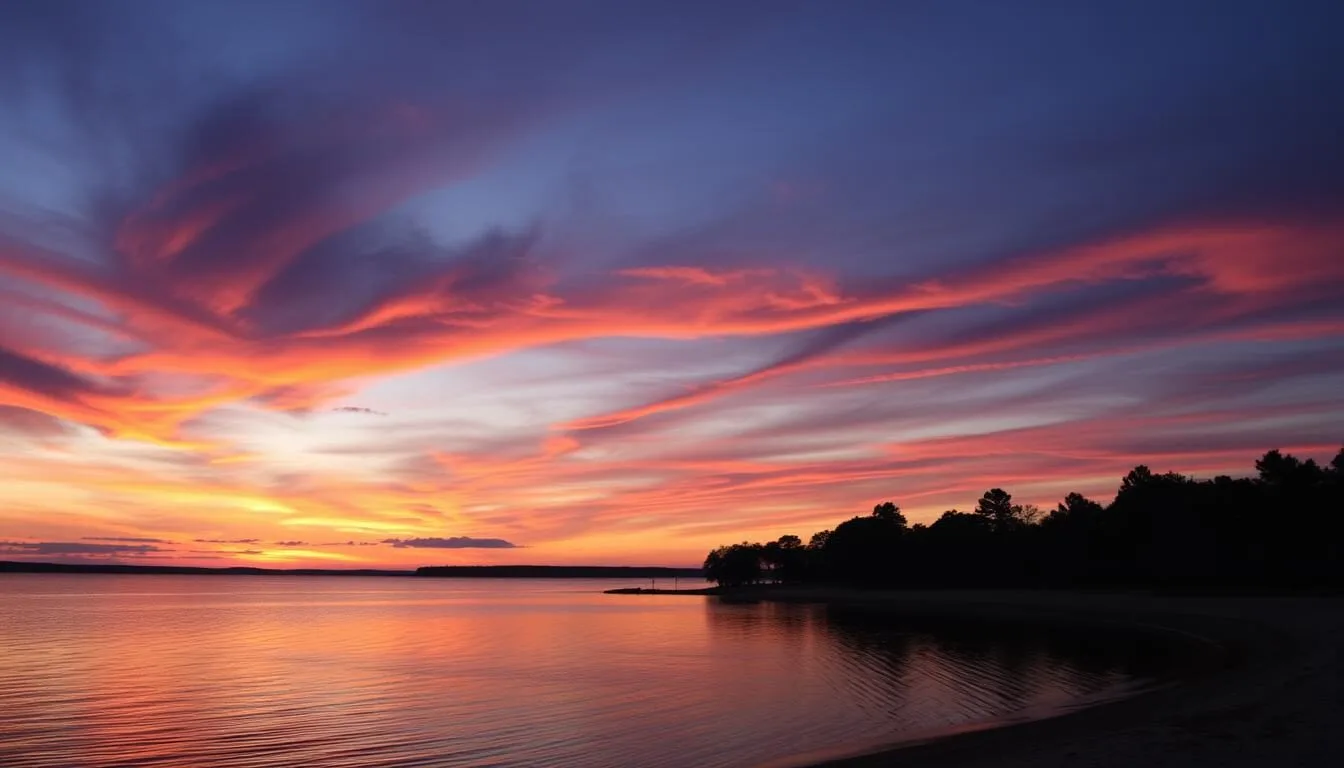 Sunset over Toledo Bend Reservoir with silhouetted trees