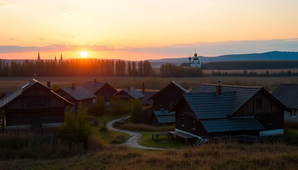 Sunset over Tula Oblast countryside with traditional Russian village houses and church domes in the distance