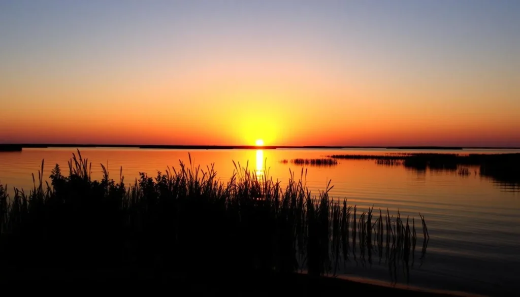 Sunset over West Timbalier Island Louisiana with golden light reflecting on calm waters