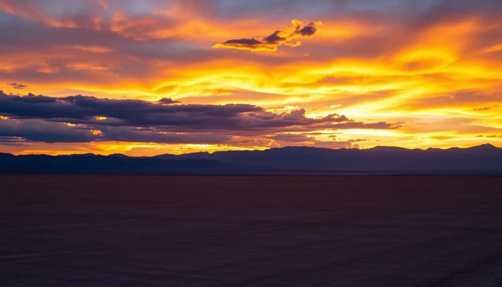 Sunset over the Black Rock Desert Playa with golden light illuminating the flat landscape