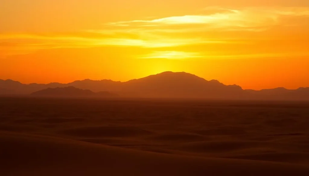 Sunset over the Eastern Desert with silhouettes of mountains and dunes