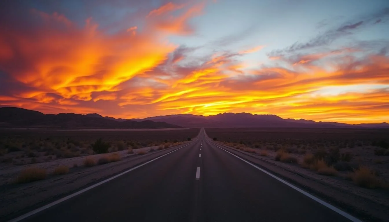 Sunset over the Extraterrestrial Highway with dramatic orange and purple sky