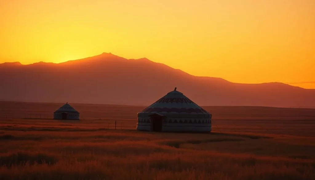 Sunset over the Tuvan steppe with traditional yurts and mountains Sunset over the Tuvan steppe with traditional yurts and mountains