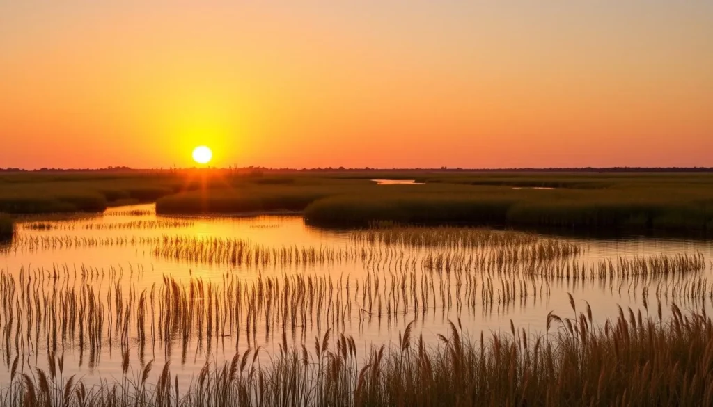 Sunset over the marshes of Pass-a-Loutre Wildlife Management Area