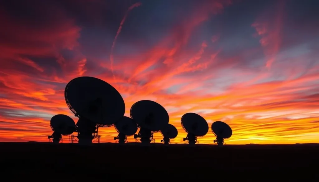 Sunset silhouetting the VLA antennas against a colorful sky on the Plains of San Agustin Sunset silhouetting the VLA antennas against a colorful sky on the Plains of San Agustin