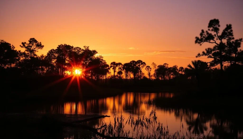 Sunset view at Palmetto Island State Park Louisiana with golden light filtering through trees Sunset view at Palmetto Island State Park Louisiana with golden light filtering through trees