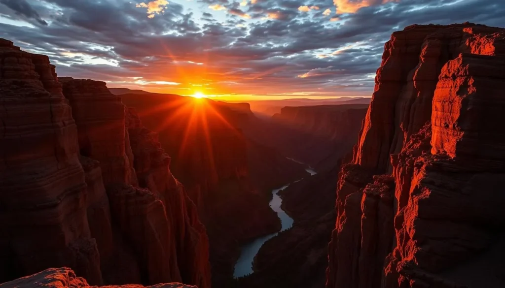 Sunset view from Dragon Point overlooking Gunnison Gorge with dramatic lighting on canyon walls Sunset view from Dragon Point overlooking Gunnison Gorge with dramatic lighting on canyon walls