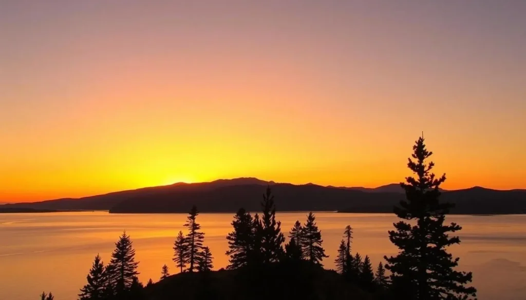 Sunset view from Granite Island over Lake Granby and mountains Sunset view from Granite Island over Lake Granby and mountains