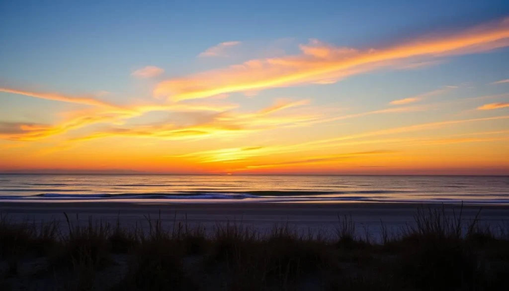 Sunset view from Holly Beach near Sabine National Wildlife Refuge with Gulf of Mexico waters Sunset view from Holly Beach near Sabine National Wildlife Refuge with Gulf of Mexico waters