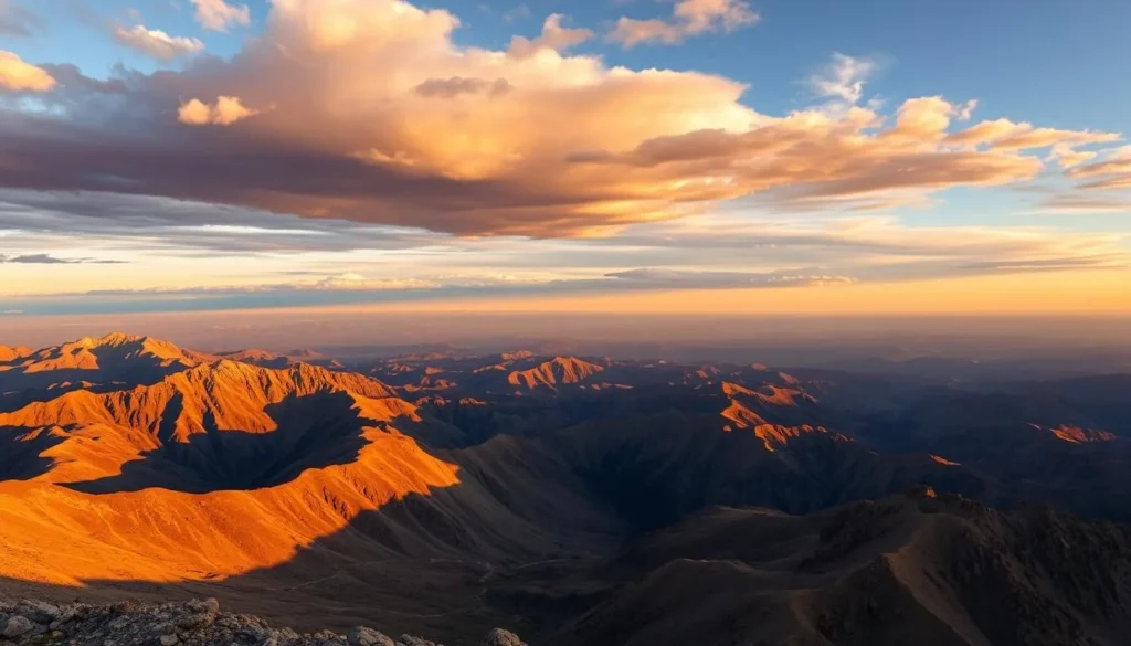 Sunset view from Wheeler Peak with golden light illuminating the surrounding mountains Sunset view from Wheeler Peak with golden light illuminating the surrounding mountains