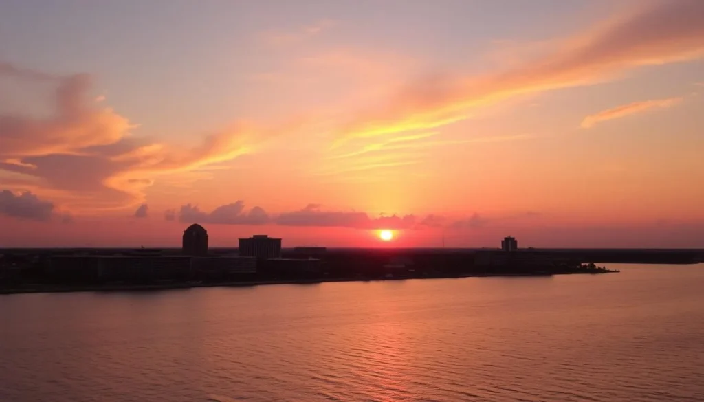 Sunset view of Lake Charles waterfront with hotels visible along the shore