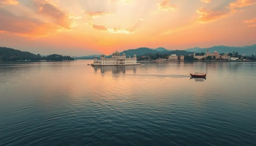Sunset view of Lake Pichola in Udaipur with the Lake Palace in the middle and City Palace along the shore