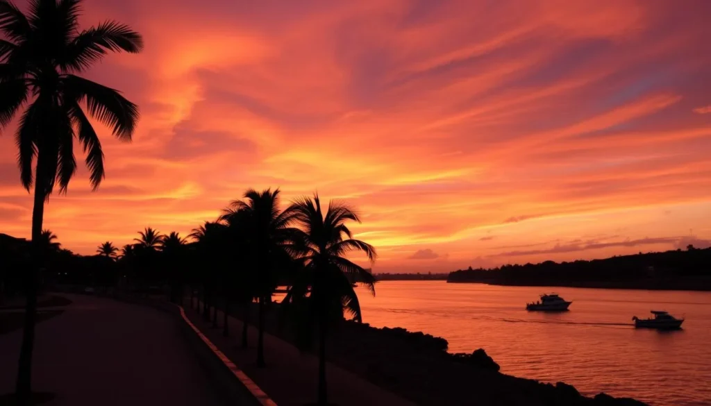 Sunset view of Panaji waterfront with palm trees and colorful sky