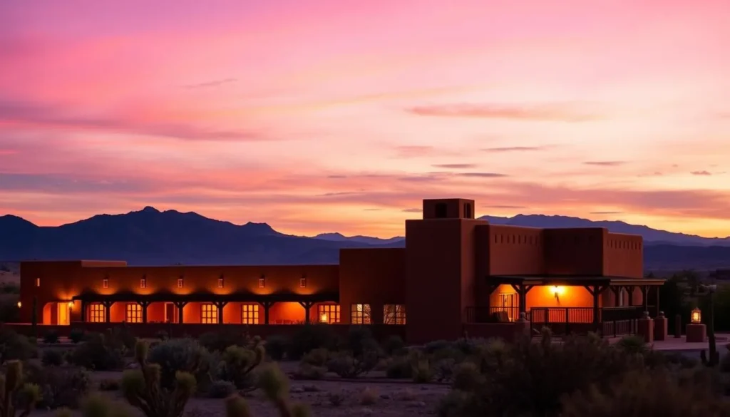 Sunset view of Sierra Grande Lodge with mountains in background Sunset view of Sierra Grande Lodge with mountains in background