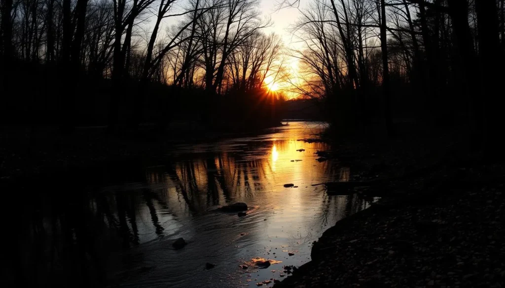 Sunset view over Neshaminy Creek at Tyler State Park Pennsylvania with golden light on the water Sunset view over Neshaminy Creek at Tyler State Park Pennsylvania with golden light on the water