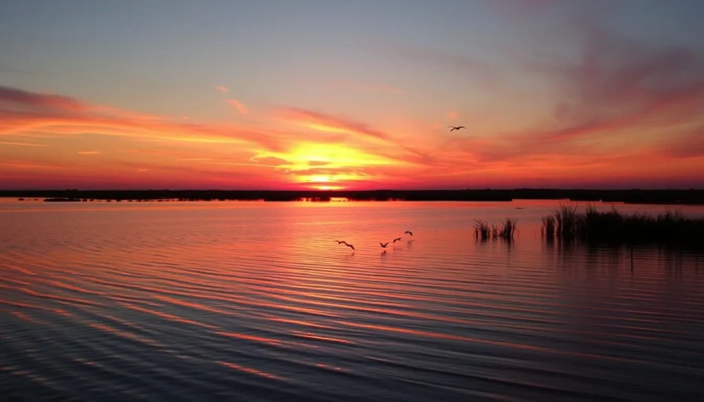 Sunset view over Rabbit Island in Cameron Parish, Louisiana with orange and pink sky