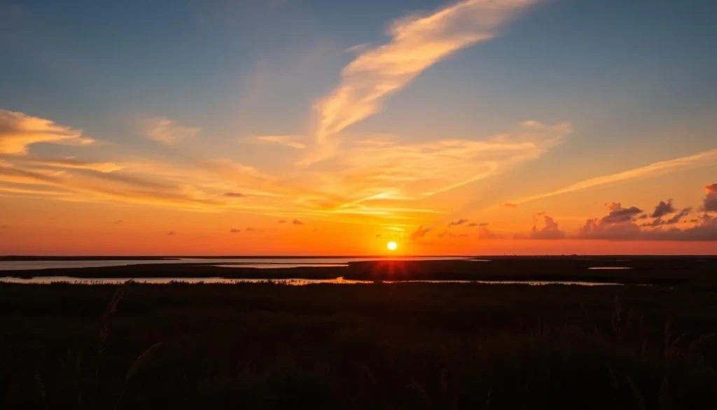 Sunset view over Trinity Island Louisiana with golden light reflecting on calm waters