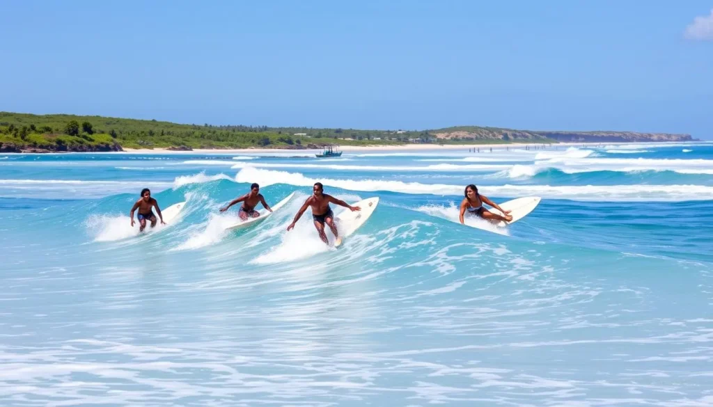 Surfers catching waves at La Lancha beach in Punta Mita Mexico