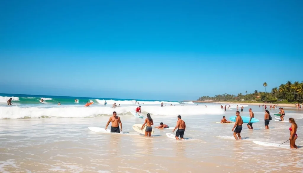 Surfers catching waves at Sayulita's main beach with instructors and beginners learning to surf