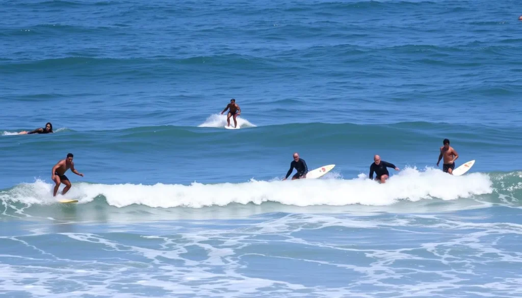Surfers enjoying waves at South Carlsbad State Beach California
