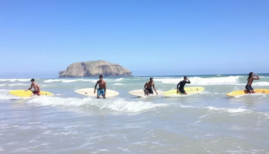 Surfers riding waves at San Onofre State Beach California Surfers riding waves at San Onofre State Beach California