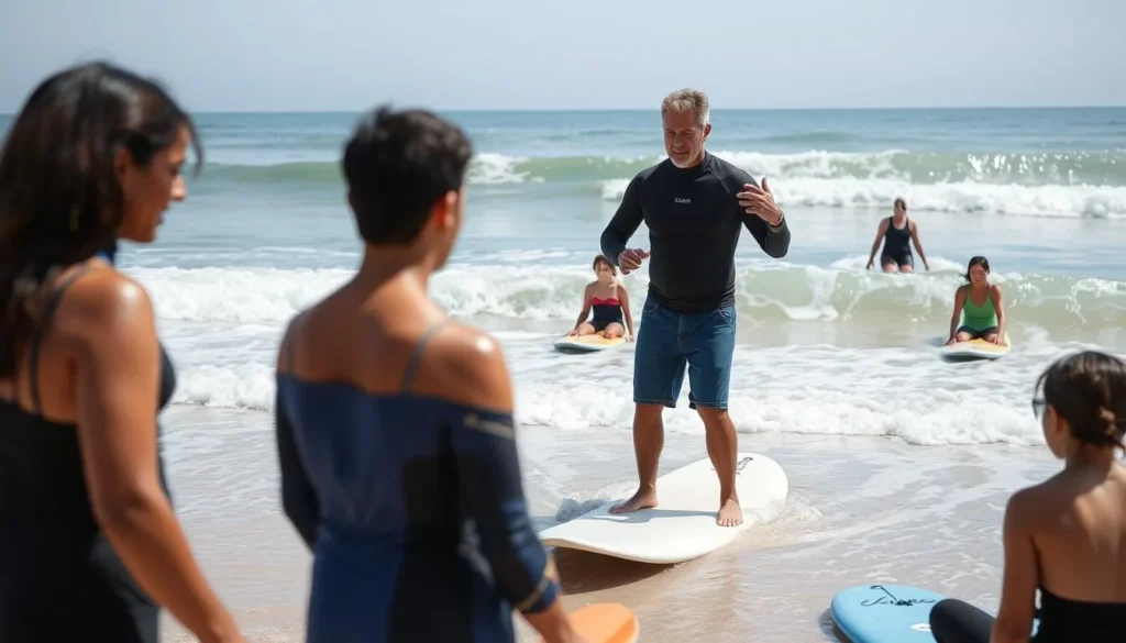 Surfing lesson at Seal Beach with instructor teaching a small group of beginners