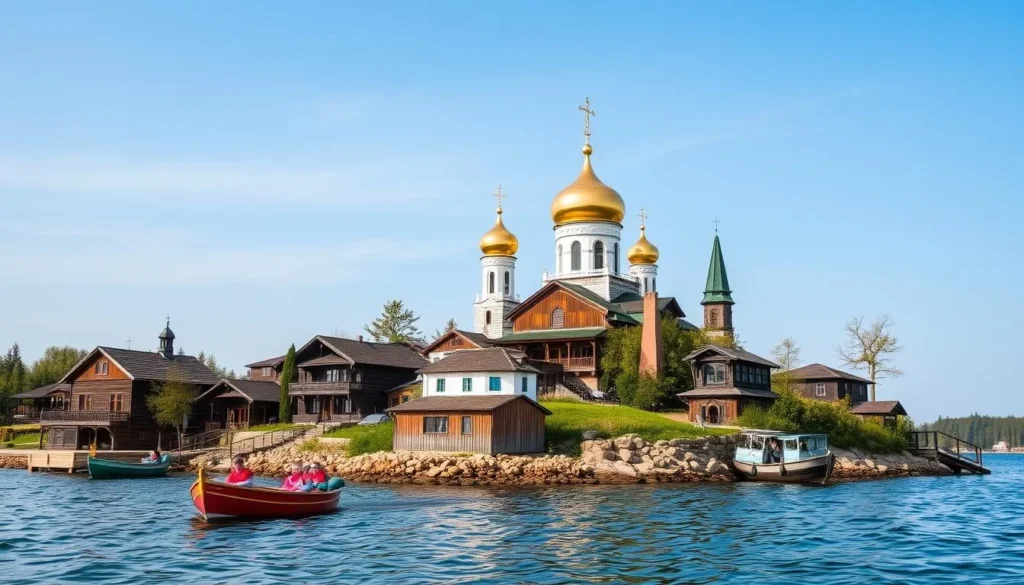 Sviyazhsk Island with historic wooden architecture and church domes surrounded by water Sviyazhsk Island with historic wooden architecture and church domes surrounded by water