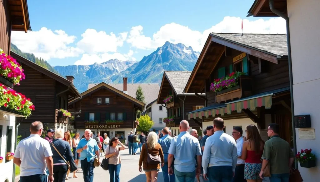 Swiss alpine village with traditional houses and people greeting each other
