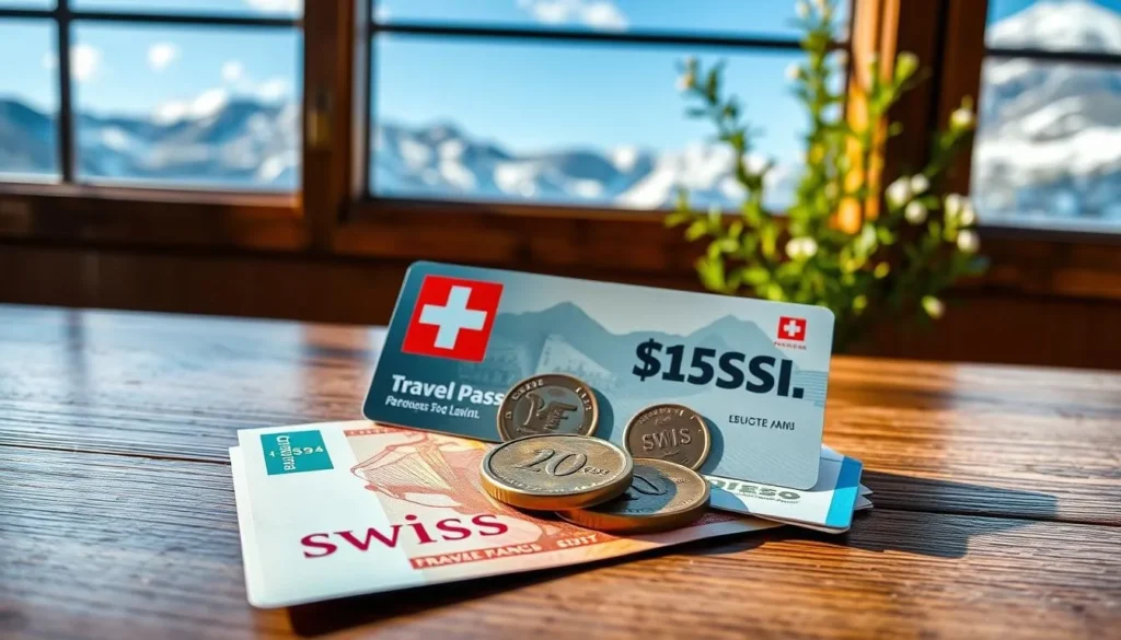 Swiss currency and travel pass with mountains in background