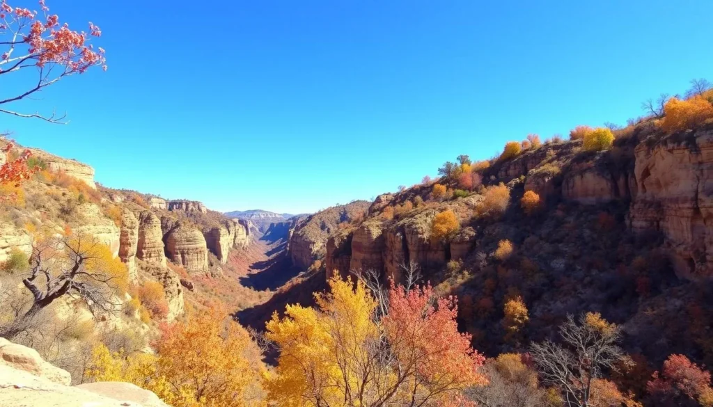 Sycamore Canyon during fall with colorful foliage and clear skies