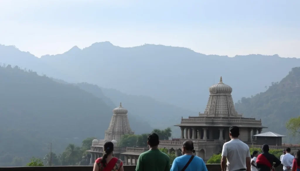 Talacauvery temple and the source of River Cauvery with mountains in background