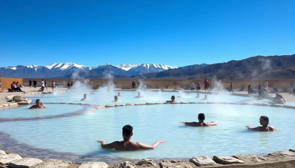 Tecopa Hot Springs in winter with snow-capped mountains in the distance Tecopa Hot Springs in winter with snow-capped mountains in the distance