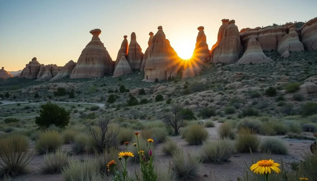 Tent Rocks formations during golden hour in spring with wildflowers in the foreground