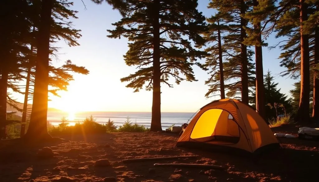 Tent camping at one of Sinkyone Wilderness State Park's primitive campsites with ocean view Tent camping at one of Sinkyone Wilderness State Park's primitive campsites with ocean view