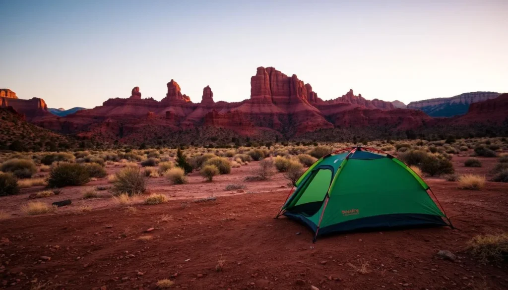 Tent camping near rock formations in Ojito Wilderness at sunset