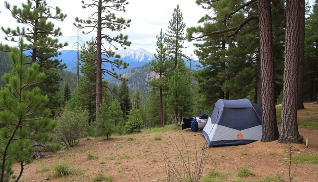 Tent camping site in a forested area near El Diente Peak with mountain views Tent camping site in a forested area near El Diente Peak with mountain views