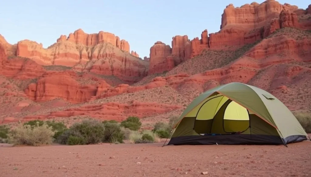 Tent camping site with scenic view of canyon walls in Dominguez-Escalante National Conservation Area Tent camping site with scenic view of canyon walls in Dominguez-Escalante National Conservation Area