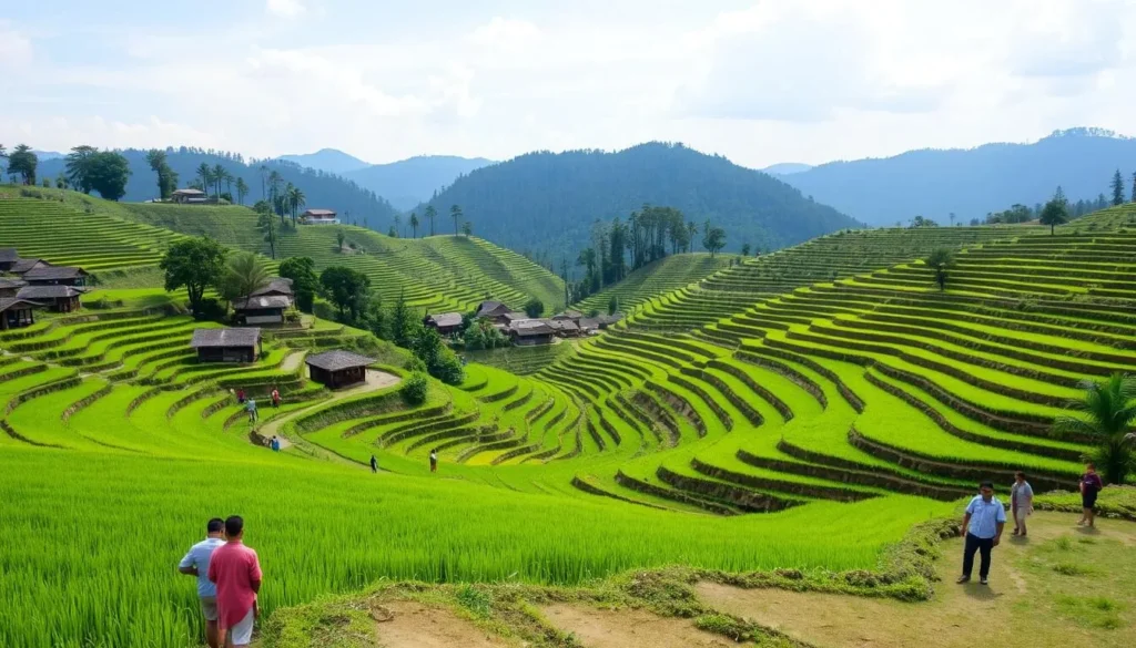 Terraced rice fields of Ziro Valley with traditional Apatani tribal houses in the background