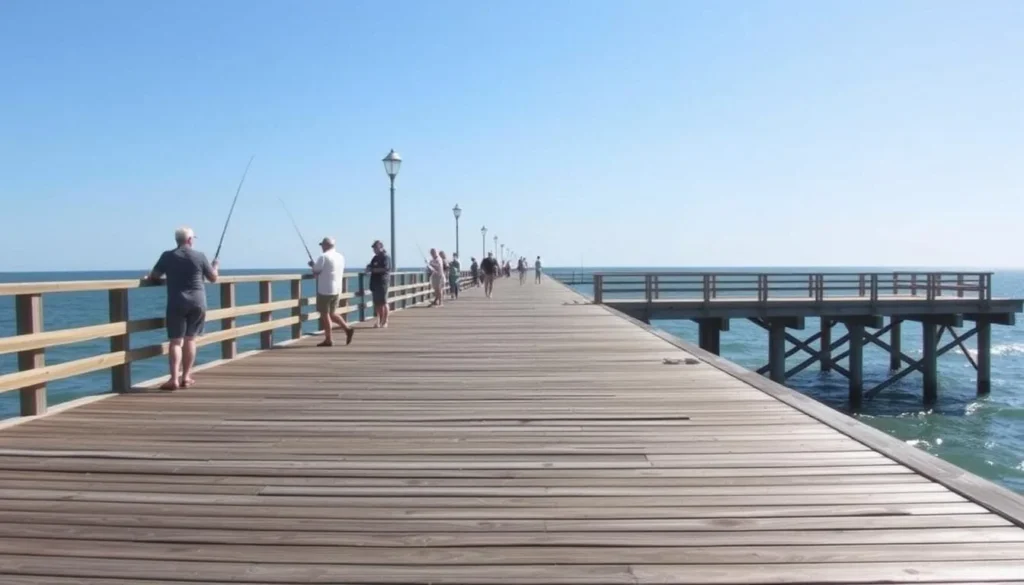 The 400-foot fishing pier at Grand Isle State Park with people fishing The 400-foot fishing pier at Grand Isle State Park with people fishing