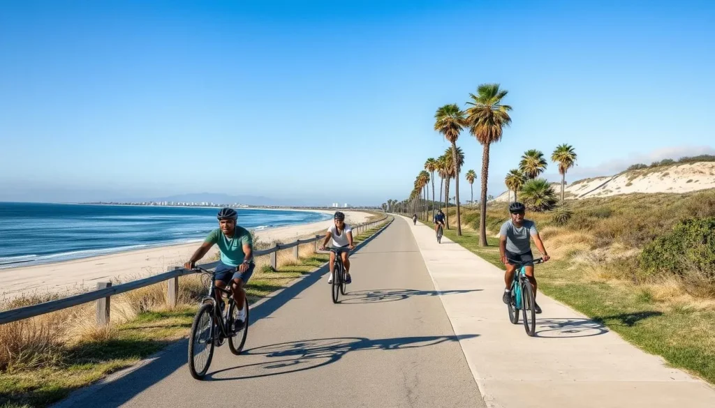 The Bayshore Bikeway along Silver Strand State Beach with cyclists enjoying the scenic path The Bayshore Bikeway along Silver Strand State Beach with cyclists enjoying the scenic path