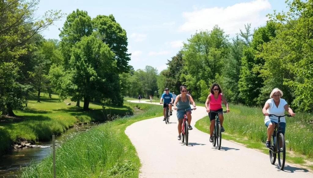 The Bill Klingner Trail in Quincy with cyclists and pedestrians enjoying the scenic path The Bill Klingner Trail in Quincy with cyclists and pedestrians enjoying the scenic path