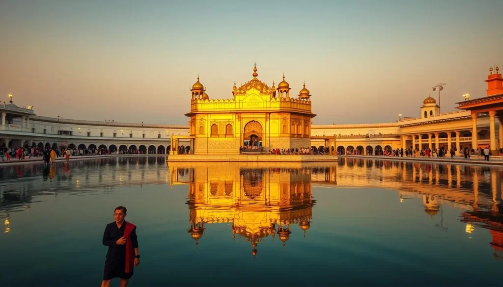 The Golden Temple in Amritsar reflecting in the sacred pool at sunset with pilgrims walking around