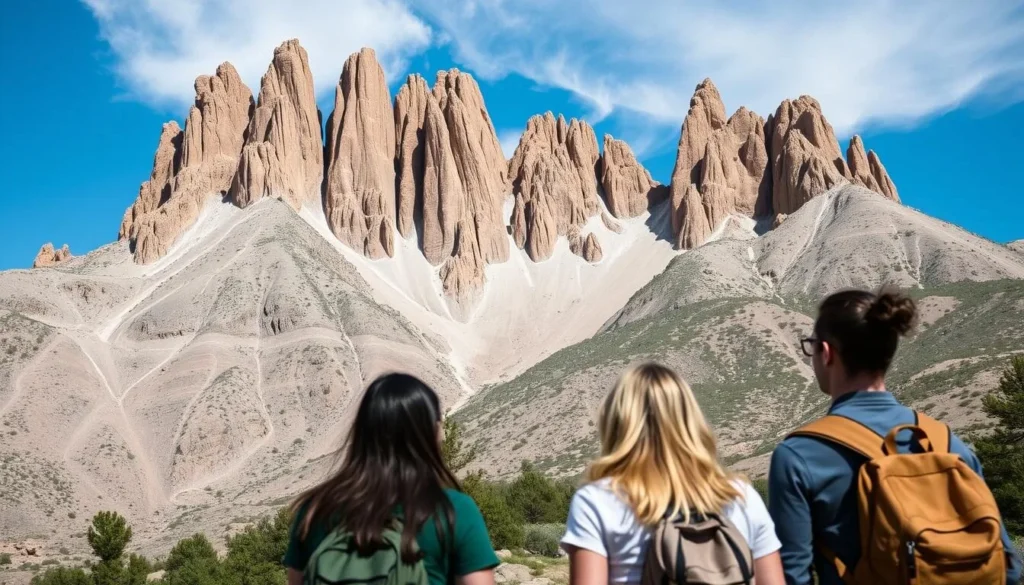 The Great Dikes geological formations near Spanish Peaks with hikers enjoying the view