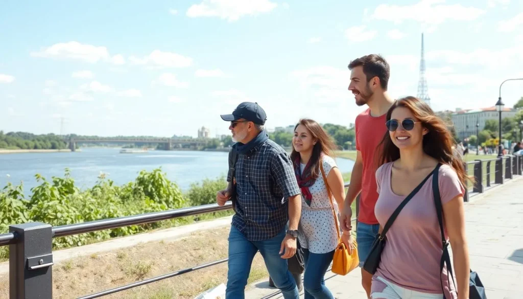 The Irtysh River Embankment with people enjoying a stroll along the waterfront