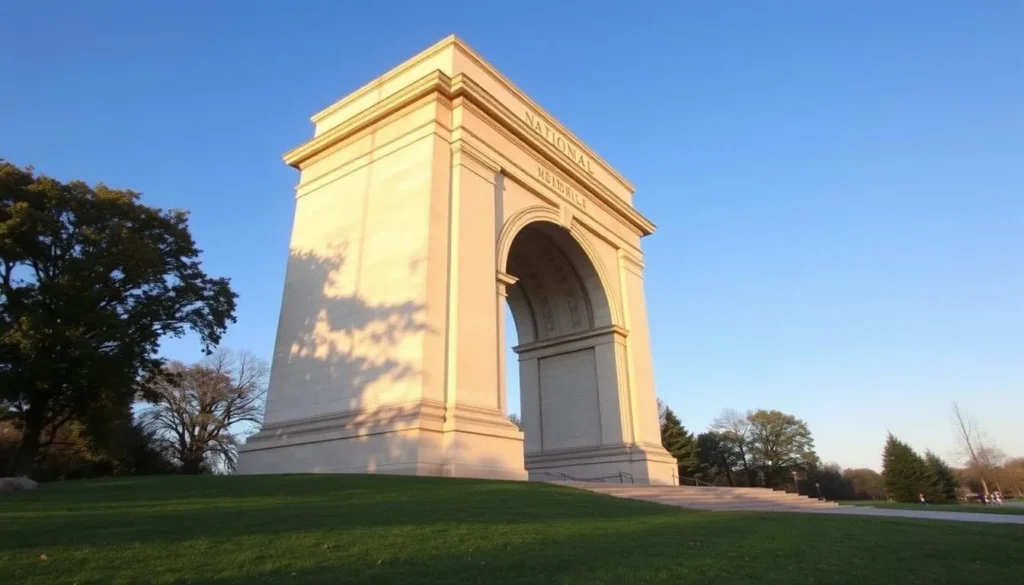 The National Memorial Arch at Valley Forge National Historical Park standing majestically against a blue sky