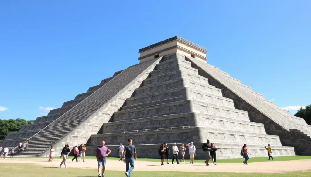 The Pyramid of the Sun at Teotihuacan with visitors exploring its base