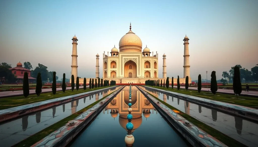 The Taj Mahal in Agra at sunrise with its white marble dome and minarets reflected in the water channels
