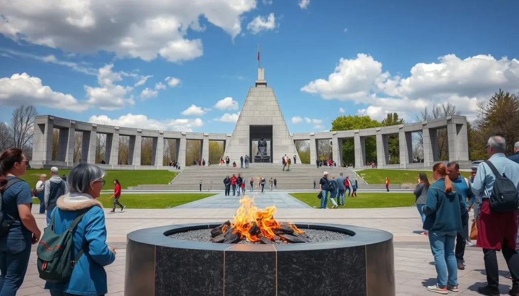 The Victory Memorial Complex in Kursk with eternal flame and visitors exploring the site