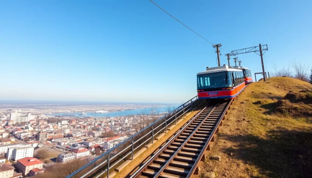 The Vladivostok funicular railway climbing up a hill with city views in the background The Vladivostok funicular railway climbing up a hill with city views in the background